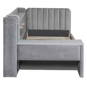 English Elm Twin Upholstered Daybed with Velvet Finish, High Back Shelves, Flip Cabinets, Drawers & Side Table Gray SF000196AAE