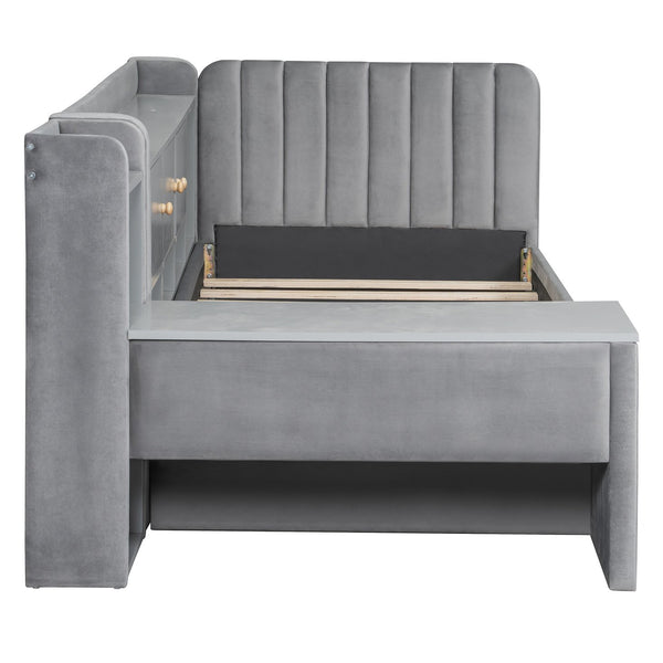 English Elm Twin Upholstered Daybed with Velvet Finish, High Back Shelves, Flip Cabinets, Drawers & Side Table Gray SF000196AAE