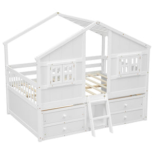 English Elm Full Size House Loft Bed With Roof & Windows, 4 Storage Drawers, Pine Wood, Safe Guardrails & Ladder W504S00242
