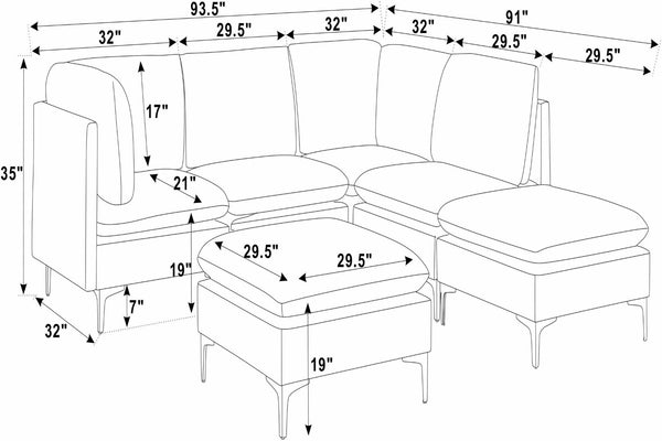 English Elm Linen Upholstered Modular Sectional Sofa with Tall Black Metal Legs for Open Living Dark Gray B2748S00113