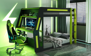 English Elm Full-size Gaming Loft Bed with Integrated Rgb Desk Usb Ports and Esports Frame Green LT000239AAG