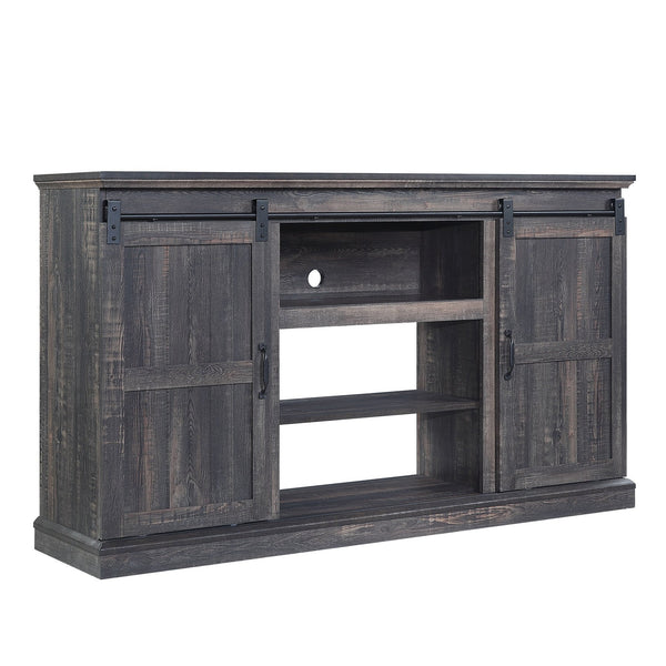English Elm Myrtle 60" TV Stand with Sliding Doors and 7 Shelves, Steel Handles, Cable Management, Textured Finish Antique brown B365P398316