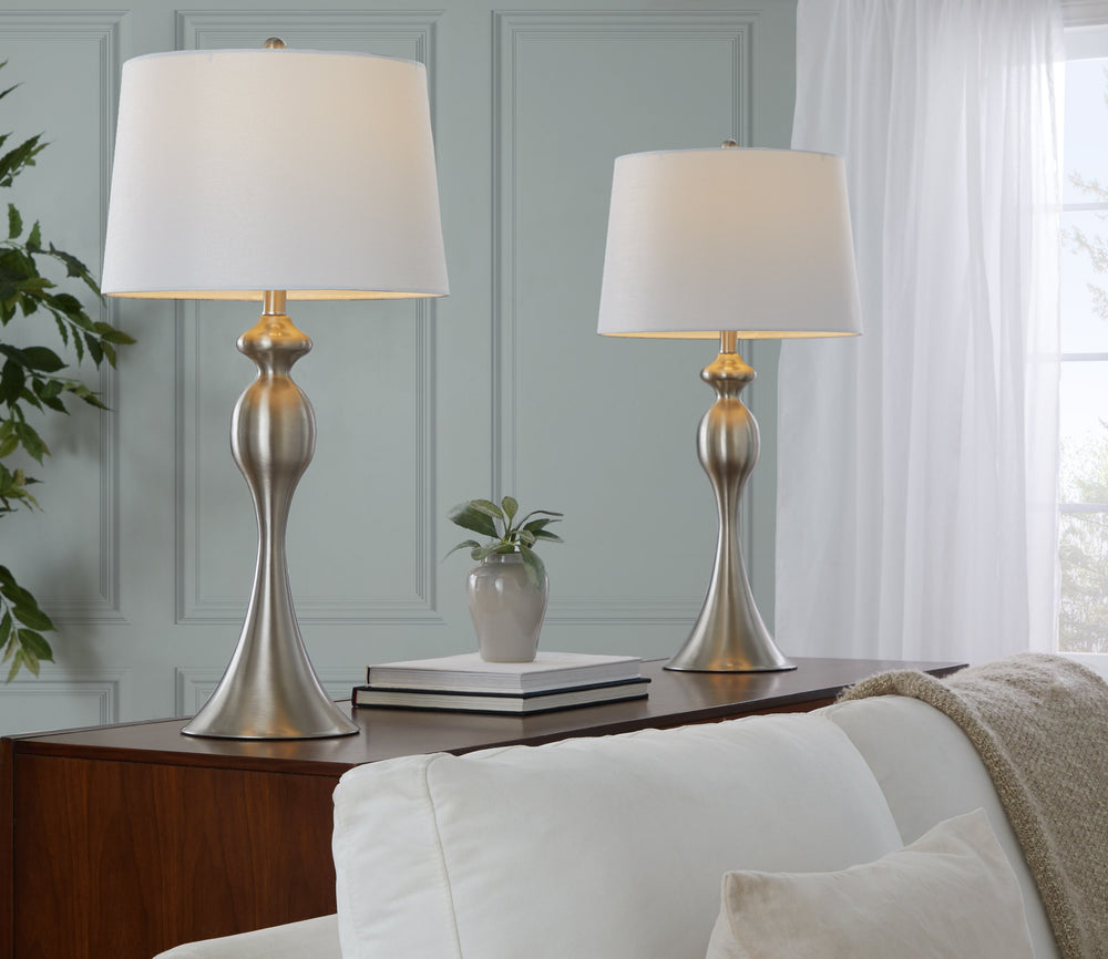English Elm Ashland 30" Contemporary Brushed Nickel Table Lamp Set of 2 with White Linen Shade, 3-Way Rotry Switch B202P224108