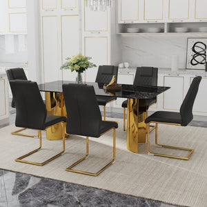 English Elm Table Modern Dining Set With Glass Top, Imitation Marble Finish, 6 Black Pu Chairs & Gold Legs W1151S04328-GIGA