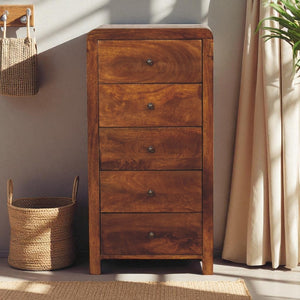 English Elm Solid Mango Wood Tallboy with Five Drawers Warm Chestnut Finish Compact Bedroom Storage B182P186289