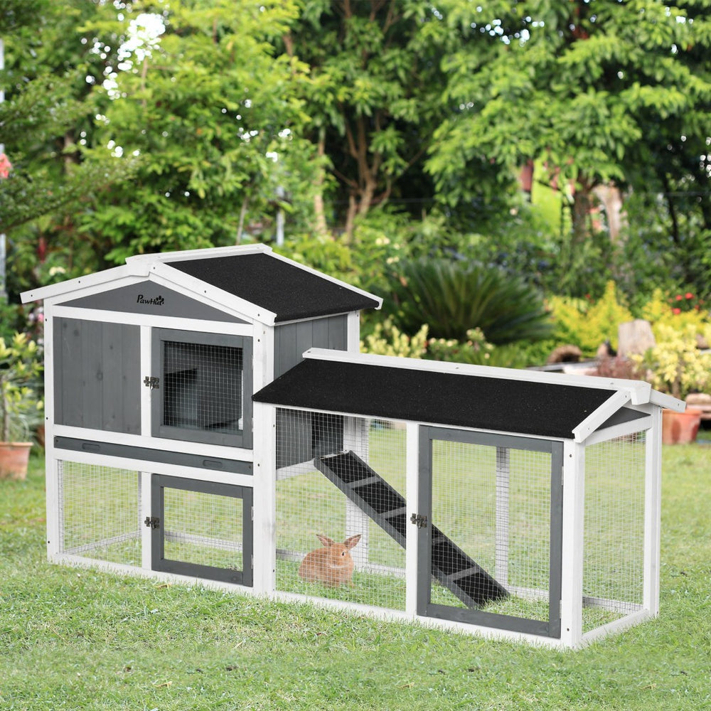 English Elm Pawhut Outdoor Wooden Rabbit Hutch with Run Ramp Asphalt Roof and Pull Out Tray W2225P173736