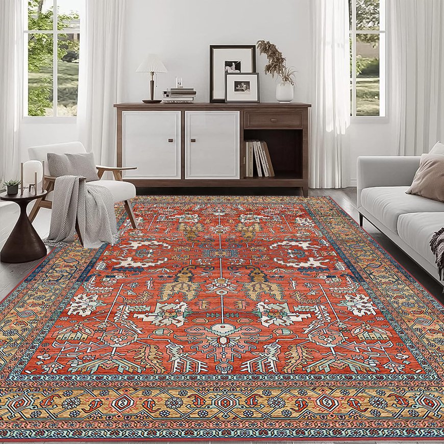 English Elm Area Rug 8X10 Vintage Bohemia Non-Slip Washable For Living Room, Bedroom, Kitchen - Abstract Red Charm W2907P265115