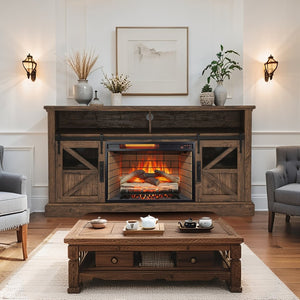 English Elm 60 Inch Farmhouse Electric Fireplace Tv Stand with Led Flame and Cabinet Storage Reclaimed Barnwood W1769S00005