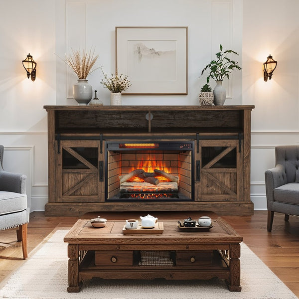English Elm 60 Inch Farmhouse Electric Fireplace Tv Stand with Led Flame and Cabinet Storage Reclaimed Barnwood W1769S00005