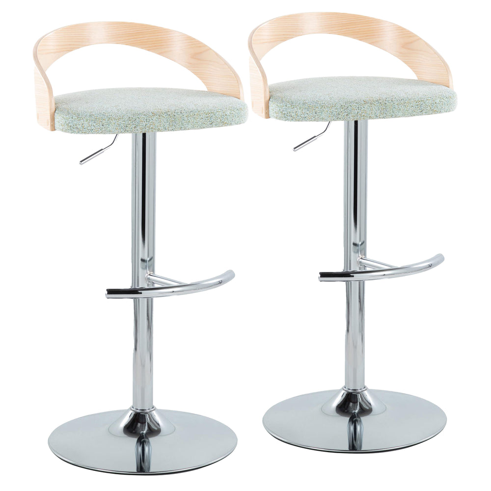 English Elm Grotto Adjustable Height Barstool Set Of 2 - Modern Chrome & Natural Wood With Light Green Fabric B202S00895