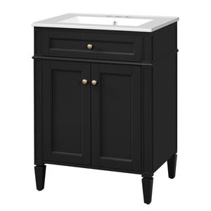English Elm 24" Bathroom Vanity with Ceramic Basin, French-Inspired Accent Carvings, Soft-Close Doors & Storage Black N710P293309B