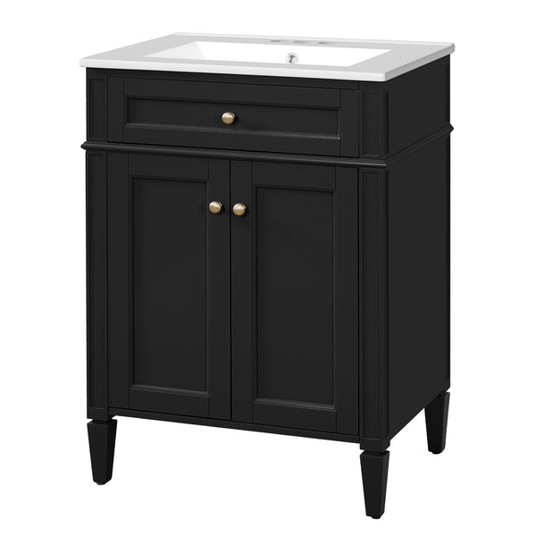 English Elm 24" Bathroom Vanity with Ceramic Basin, French-Inspired Accent Carvings, Soft-Close Doors & Storage Black N710P293309B
