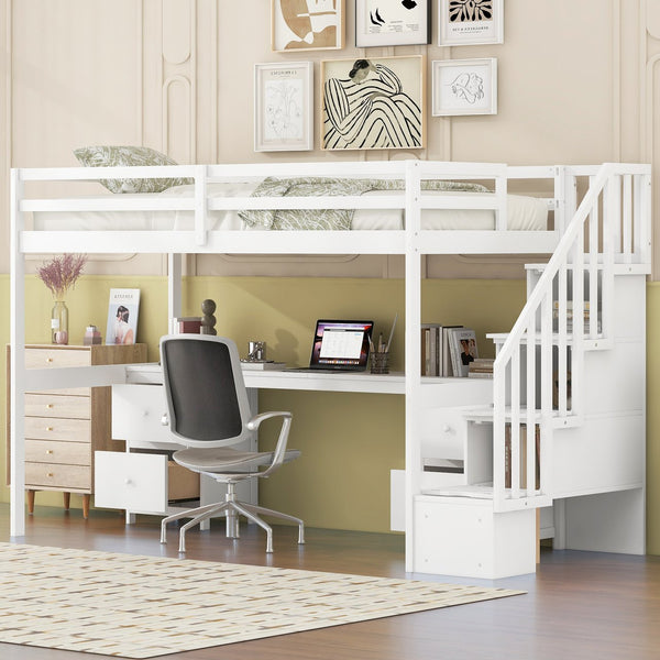 English Elm Twin Loft Bed with Built-In Desk and Double Storage Drawers, Pine & MDF Frame for Small Rooms White GX000382AAK