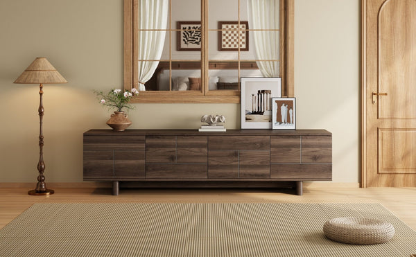 English Elm 78 Inch Low Profile Media Console with Pine Legs Soft Close Doors for Living Room N710P429519Q