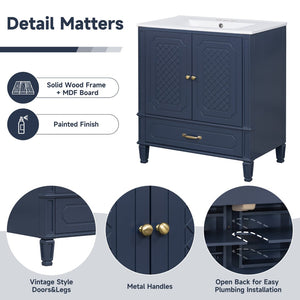 English Elm [video] 30 Inch Bathroom Vanity Acacia Wood Vintage Style Ceramic Sink Soft Close Storage N759P313313C