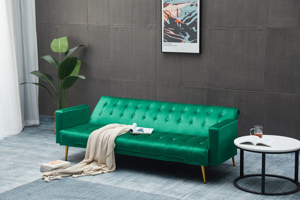 English Elm SOFA Velvet Convertible Sofa Bed with Golden Legs, Solid Wood Frame, Compact Design for Small Spaces Green B205P246431
