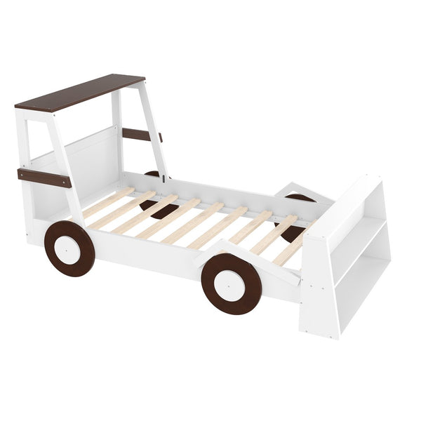 English Elm Twin Pine Treehouse Floor Bed with Padded Rails and Cabin Roofline for Kids Brown,Light White W1580S00471