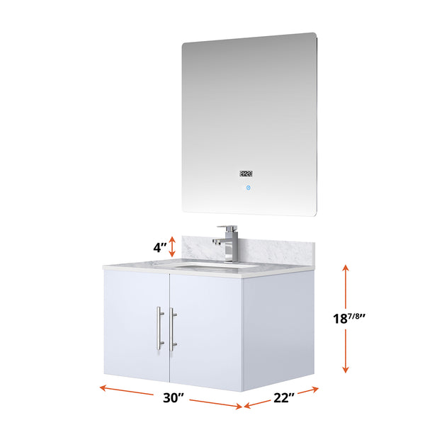 English Elm Glossy White Bath Vanity 30 in with Carrara Marble Top, Chrome Faucet, 30" LED Mirror, Scratch-Resist Finish B2731S01244