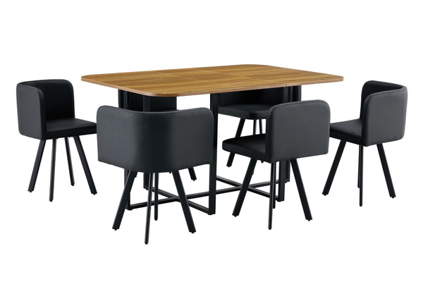 English Elm 7-piece Space Saving Dining Set Melamine Table Six Pu Cushioned Chairs Iron Frame W3875S00014