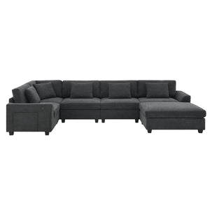 English Elm 128*67" U Shaped Sectional Sofa with Movable Ottoman, Hidden Armrest Storage, Cup Holders & USB Ports Black N723S0192B