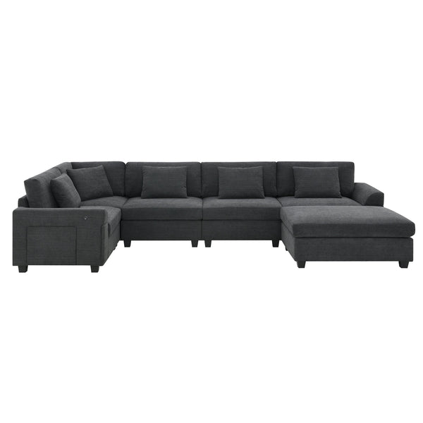 English Elm 128*67" U Shaped Sectional Sofa with Movable Ottoman, Hidden Armrest Storage, Cup Holders & USB Ports Black N723S0192B