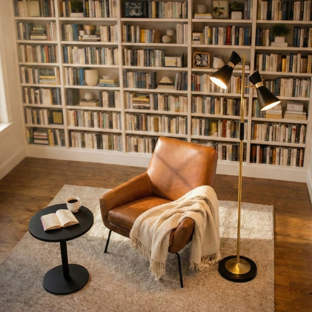 English Elm Axis Brassed Gold Dual Spot Floor Lamp with 4 Way Switch for Modern Living Rooms B183P231756