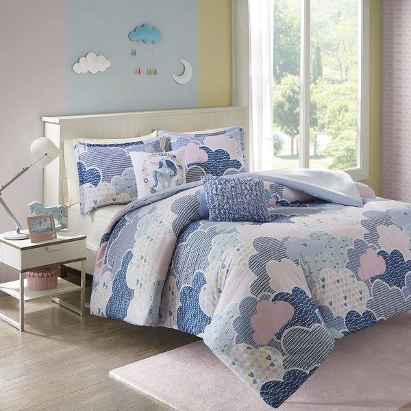 JLA Home Urban Habitat Kids - Cotton Cloud-Print Duvet Cover Set with Decorative Unicorn Pillow, Hypoallergenic OEKO‑TEX Treated Blue UHK12-0033