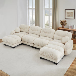 English Elm Pleated Chenille U-shape Modular Sectional Sofa with Ottomans and Ergonomic Foam Cushions Beige W5656S00045