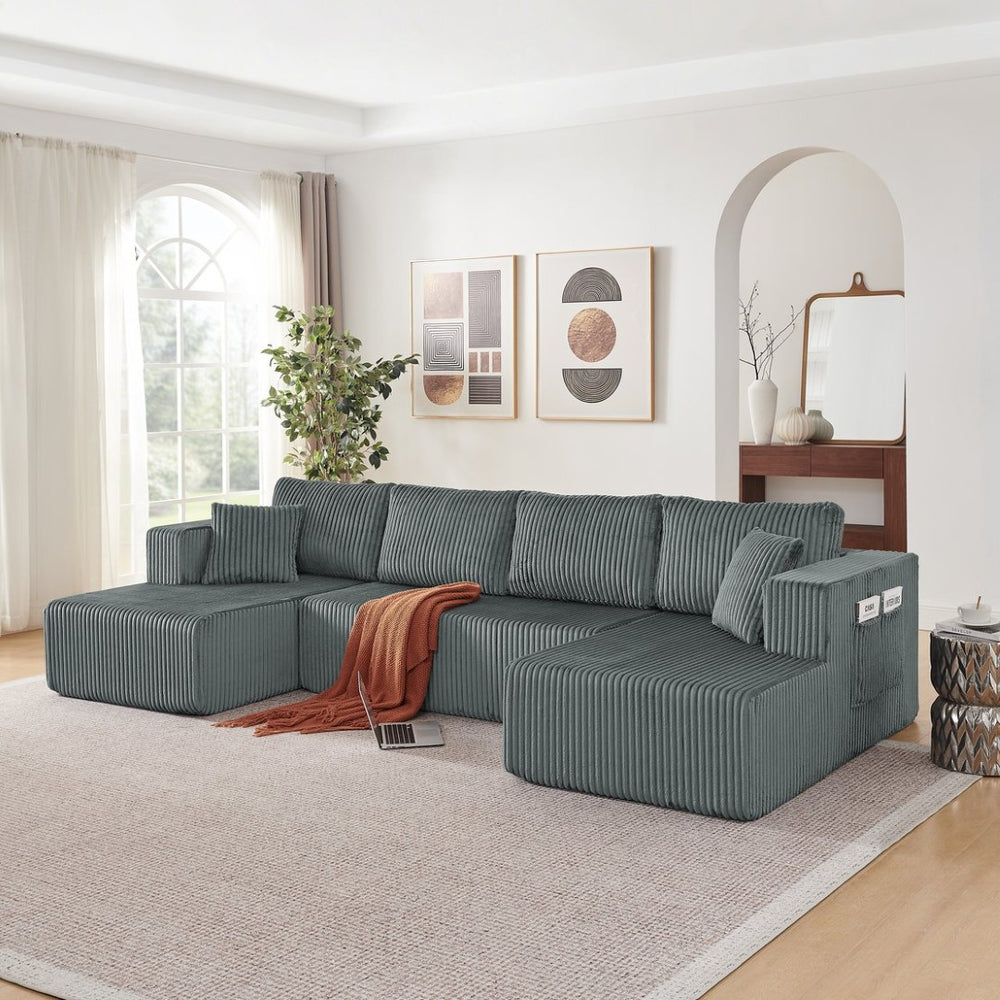 English Elm 132" U-shaped Modular Corduroy Sectional with Deep Foam Cushions for Living Room Dark Grey W5802S00003
