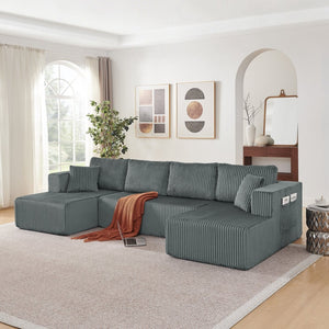 English Elm 132" U-shaped Modular Corduroy Sectional with Deep Foam Cushions for Living Room Dark Grey W5802S00003