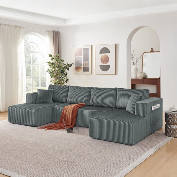 English Elm 132" U-shaped Modular Corduroy Sectional with Deep Foam Cushions for Living Room Dark Grey W5802S00003