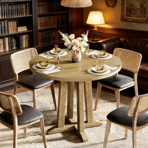 English Elm Compact Round Wood Dining Table Natural Grain Finish Seats Four Small Space Apartment T3971P447630