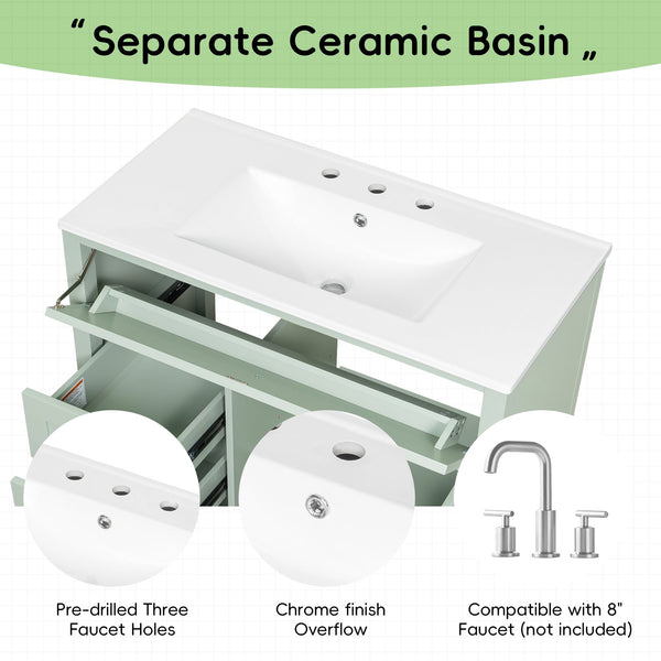 English Elm 36-Inch Green Bathroom Vanity With Sink - Modern Mdf & Rubberwood Freestanding Storage Solution N725P350821F