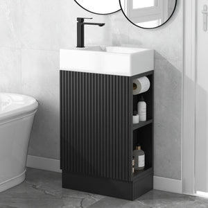 English Elm 18.6" Bathroom Vanity with Sink and Ceramic Top, MDF Cabinet with Door, TP Holder & Shelf Black N725P212181B