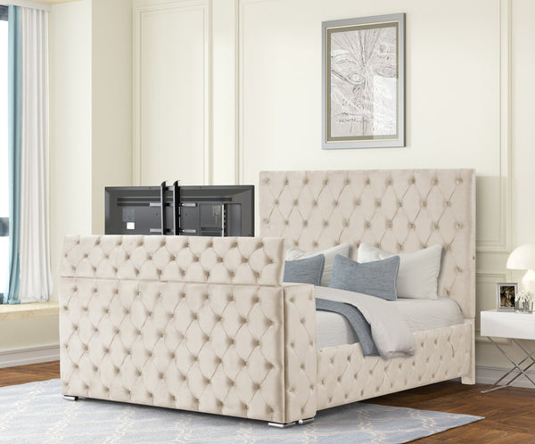 English Elm Encore Modern Tufted Queen Bed In Beige - Stylish Upholstered Design With Hidden Footboard Storage B009S01648