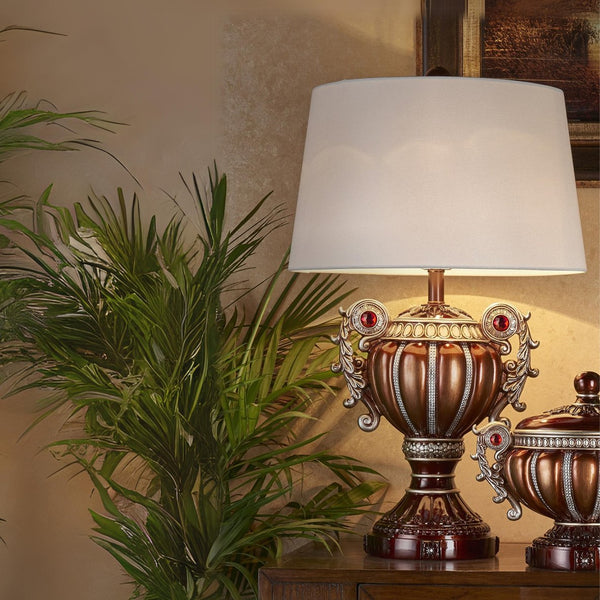 English Elm 29.5" Polyresin Table Lamp with Chestnut Geometric Weave Finish, Oval White Fabric Shade, UL Listed Multicolor B072116213