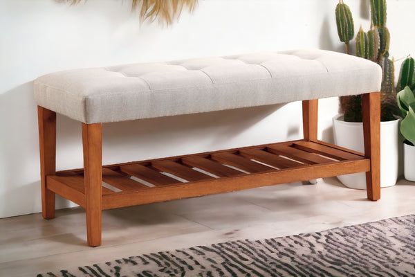 English Elm Charla Tufted Fabric Bench with Oak Tapered Legs and Open Slatted Shelf — Cozy Seating & Storage Gray 43 L x 18 W x 7 H B2726P256272