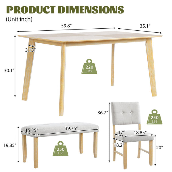 English Elm 6 Piece Dining Set with Rectangular Solid Wood Table, Upholstered Chairs & Bench, Rustic Charm, Easy Assembly, Seats 6 Natural Wood Wash N752S000015D