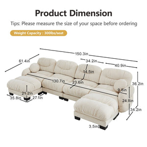 English Elm Pleated Chenille U-shape Modular Sectional Sofa with Ottomans and Ergonomic Foam Cushions Beige W5656S00045
