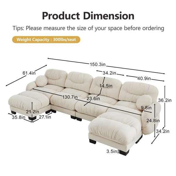English Elm Pleated Chenille U-shape Modular Sectional Sofa with Ottomans and Ergonomic Foam Cushions Beige W5656S00045