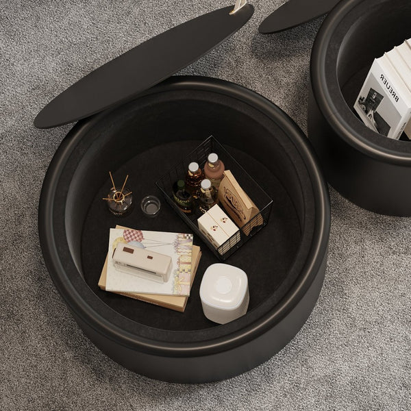English Elm Black Round Coffee Table Pu Leather Cylindrical Base Tempered Glass Top Hidden Storage Black W3081P442392