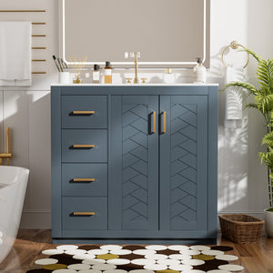 English Elm 36'' Bathroom Vanity with Ceramic Sink Combo, Solid Wood Frame, Soft-Close Drawers and Stylish Retro Groove Design Blue N710P291684C