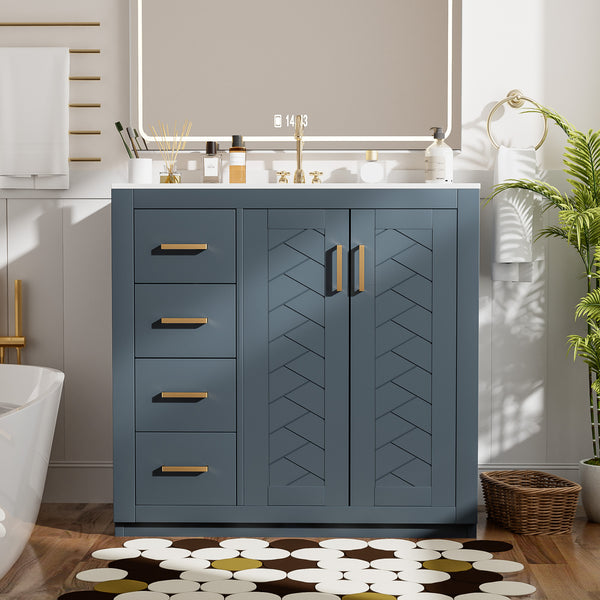 English Elm 36'' Bathroom Vanity with Ceramic Sink Combo, Solid Wood Frame, Soft-Close Drawers and Stylish Retro Groove Design Blue N710P291684C