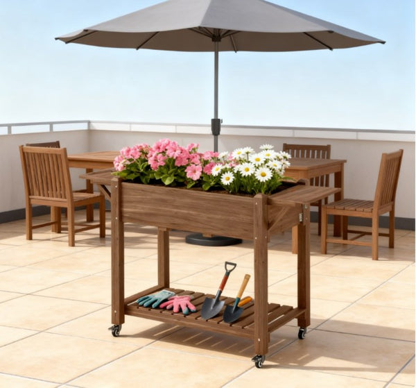 English Elm Convenient Carbonized Fir Wood Raised Planter Box with Wheels Side Tables and Storage T3971P423501