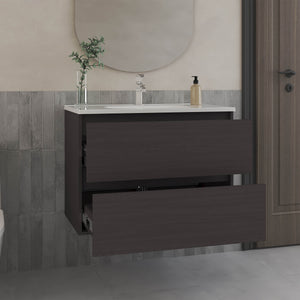 English Elm Bathroom Opalo Cabinet with Two Shelves and Open Storage, Black MDF, Modern Space-Saving Design Durable B200P313690