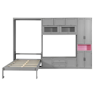 English Elm Twin Murphy Wall Bed with Integrated Tv Stand Open Shelving and Cabinet Storage LP000768AAE
