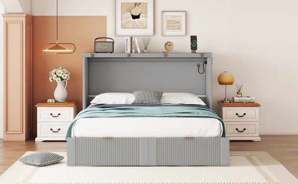 English Elm Full Size Murphy Wall Bed with Storage Drawers Usb Ports and Pulley Folding Cabinet LP000770AAE