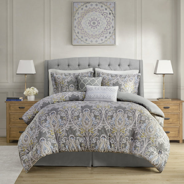 English Elm 6 Piece Cotton Comforter Set - Elegant Grey Damask King Bedding With Decorative Pillows & Bedskirt B03595746