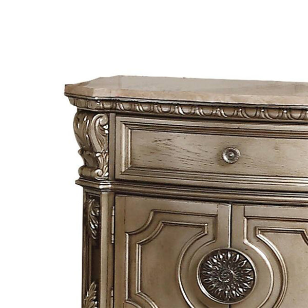 English Elm 1 Drawer And 2 Doors Nightstand With Marble Top - Vintage Antique Silver, Elegant Storage Solution B016P253506