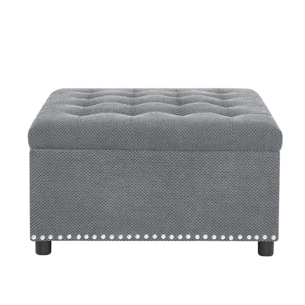 English Elm Storage Ottoman Tufted Nailhead Trim Lift Top Footstool for Living Room or Bedroom Light Gray W5568P447080
